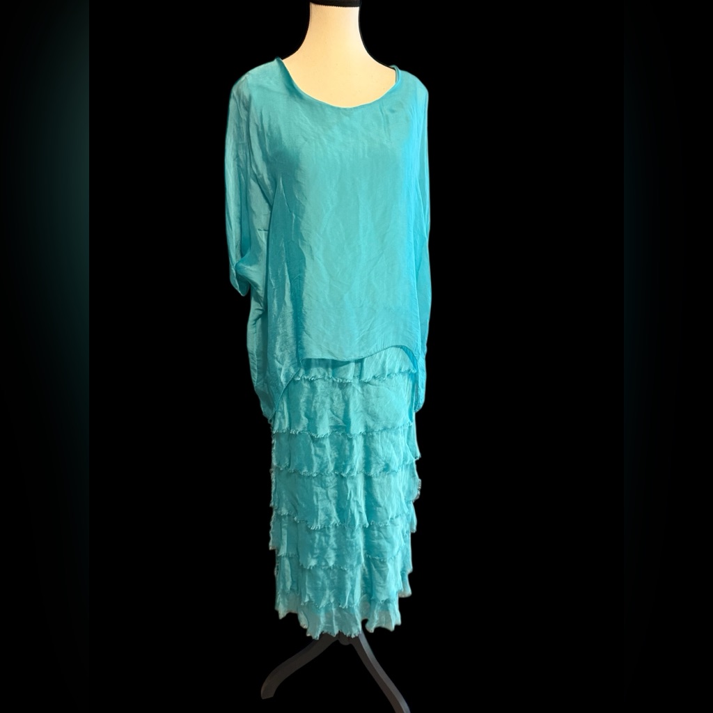 La Strada Vibrant Aqua 100% Silk Midi Dress Flowy Resort Made In Italy Designer